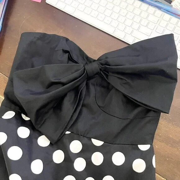 Hutch for Anthropologie Black & White Polka Dot Strapless Dress with Bow Size 4P - Picture 2 of 13